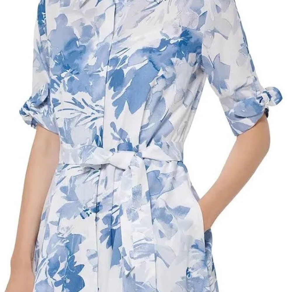 Calvin Klein Blue and White Floral Midi Shirt Dress - Picture 3 of 6
